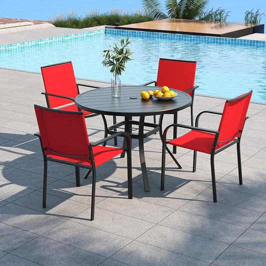 5 Piece Outdoor Patio Dining Set with 41" Metal Round Table and Red Chairs | 4 Piece Stackable Chairs Textilene Seat and Back, Table and Chair with Metal Frame, Round Slat Table Top, 1.9" Umbrella Hole