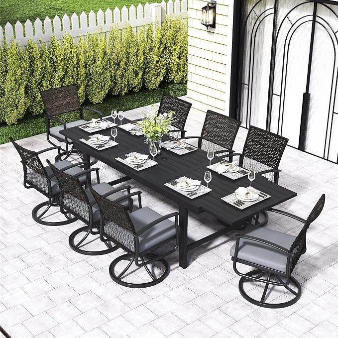 HAPPATIO Outdoor Expandable Dining Table, Aluminum Patio Dining Table for 4-8 Person, Powder-Coated Rectangular Table with Umbrella Hole, Perfect for Backyard, Porch, Deck