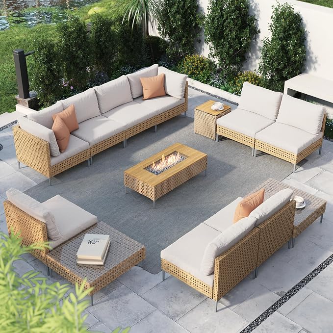 Grand patio 13-Piece Wicker Patio Furniture Set with 47" Fire Pit Table, Outdoor Conversation Set&50,000 BTU 47 Inch Rectangle Propane Fire Pit&Storage Box with Water Resistant Thick Cushions, Cream