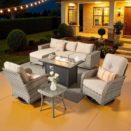 8 Pcs Patio Outdoor Furniture Set - All Weather Wicker Outdoor Sectional Sofa Couch with Swivel Fire Pit Table and Rocking Chairs e,Patio Rattan Conversation Set for Garden Deck Yard,Beige