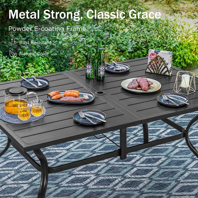 PHI VILLA Outdoor Dining Set with Umbrella for 6, 60" Metal Table & Wrought Iron Swivel Chairs, Patio Furniture with Blue Cushions & Pillows for Deck, Porch, Backyard
