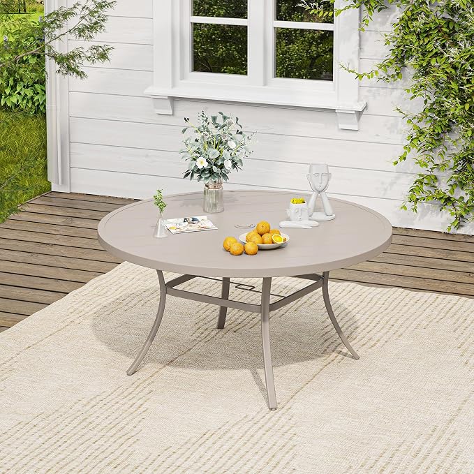 VICLLAX Outdoor Table and Chairs Set for 6, Patio Dining Set of 50 Metal Round Patio Table with Umbrella Hole & 6 Swivel Outdoor Dining Chairs for Backyard Lawn, Sandshell