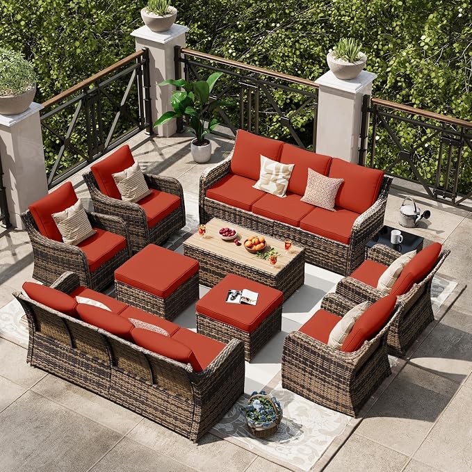 MEISSALIVVE Outdoor Patio Furniture Set with Swivel Chair, 10 Pieces Patio Conversation Set, Patio Sectional Furniture Set with 2 Three-seat Sofa, 2 Fixed Single Chair and Coffee Table (Red)