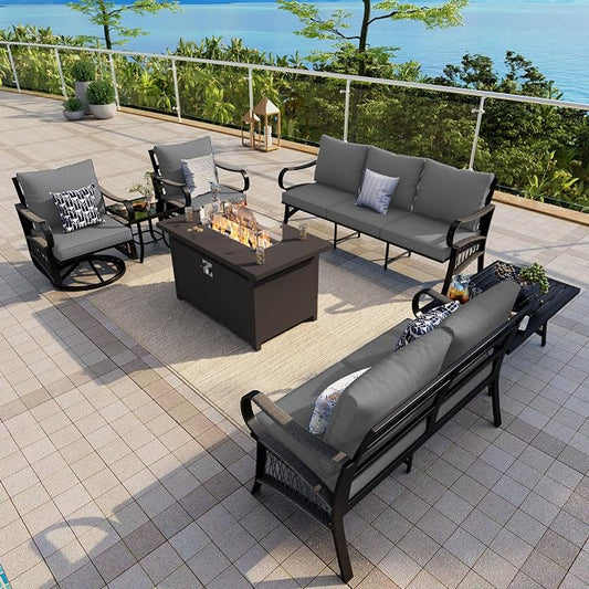 7-Piece Outdoor Furniture Set, Metal Swivel Rocking Chairs with All-Weather Cushions, Patio Conversation Set with Fire Pit Table for Deck, Porch, Garden, Backyard, Poolside (Gray Cushions)