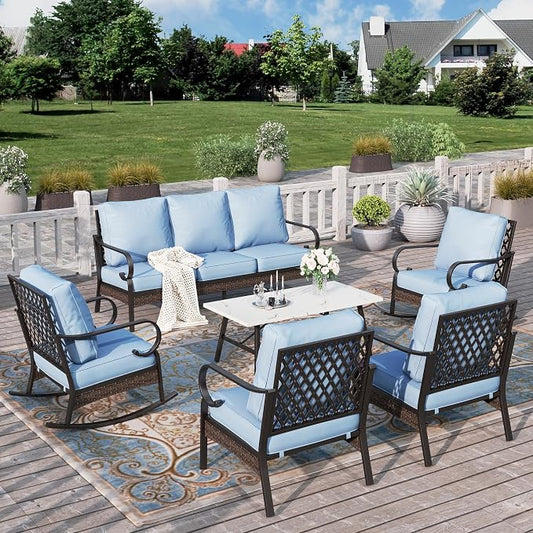 HERA'S HOUSE 6 Piece Metal Patio Furniture Set, All Weather Outdoor Conversation Set with 3-Seat Sofa, 2 Rocking Chairs, 2 Fixed Chairs & Coffee Table, 7 Seats for Backyard, Garden, Deck, Blue