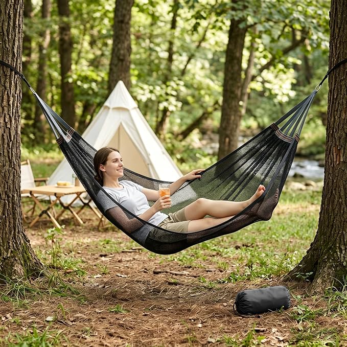 Lightweight Portable Anti-Roll Breathable Mesh Camping Hammock 102.36x51.18in with Tree Straps & Carry Bag, Black, No Stand Included