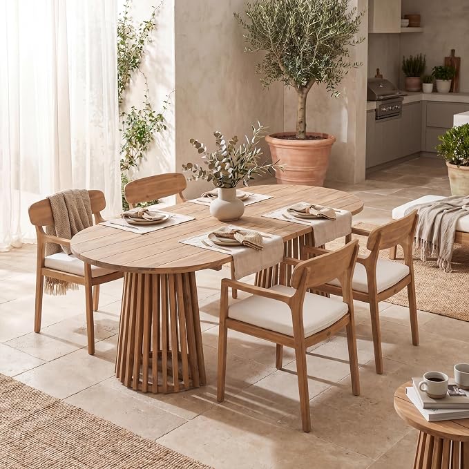 Christopher Knight Home Zoa Acacia Wood Dining Set for 4, Outdoor Dining Table with Dual Slatted Pedestal Bases, Outdoor Dining Chairs with Cushions, 5 Piece Patio Dinner Set, Beige/Teak