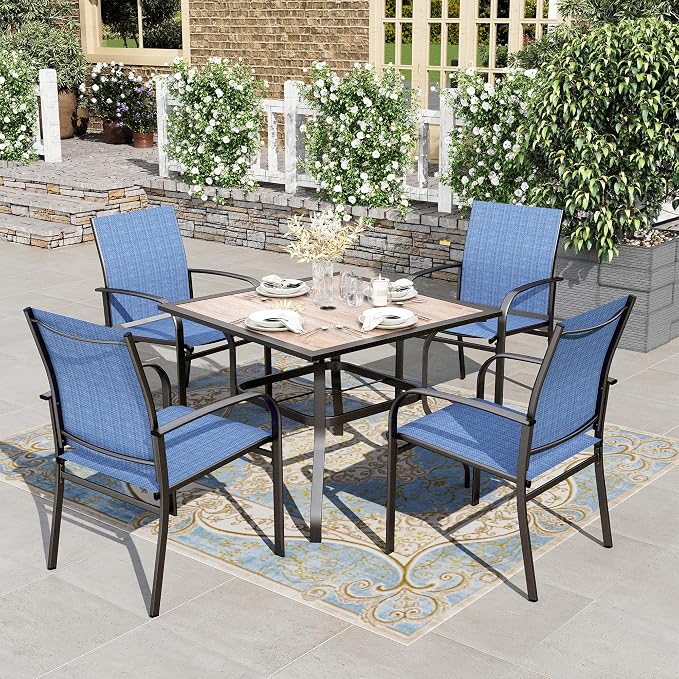 HERA'S HOUSE Patio Dining Set for 4, Wood-Look Metal Table, Blue Chair | 37" outdoor square table + textilene chairs, All-weather, rust-resistant for Lawn Garden Backyard