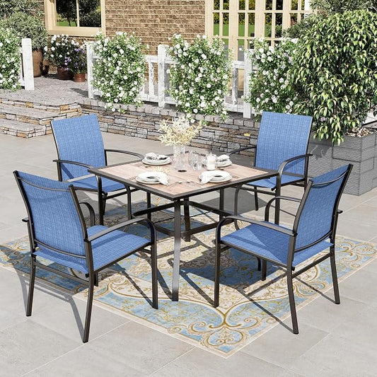 HERA'S HOUSE Patio Dining Set for 4, Wood-Look Metal Table, Blue Chair | 37" outdoor square table + textilene chairs, All-weather, rust-resistant for Lawn Garden Backyard