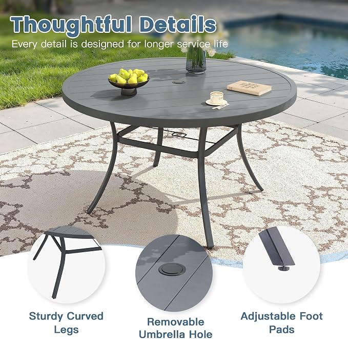DIFY 7 Pieces Outdoor Dining Set for 6, 50" Round Dining Table with Umbrella Hole & Wicker Stackable Patio Chairs with Cushions, Metal Patio Table and Chairs Set for Backyard Porch Garden, Grey