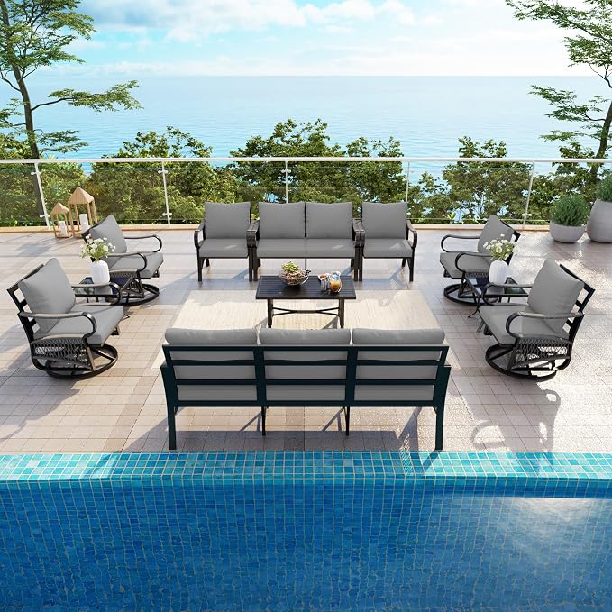 11 Pieces Patio Conversation Sets, All-Weather Metal Swivel Rocking Chairs with Rope Furniture Set, Outdoor Sofa Couch for Deck, Porch, Garden, Backyard, Poolside (Gray Cushions)