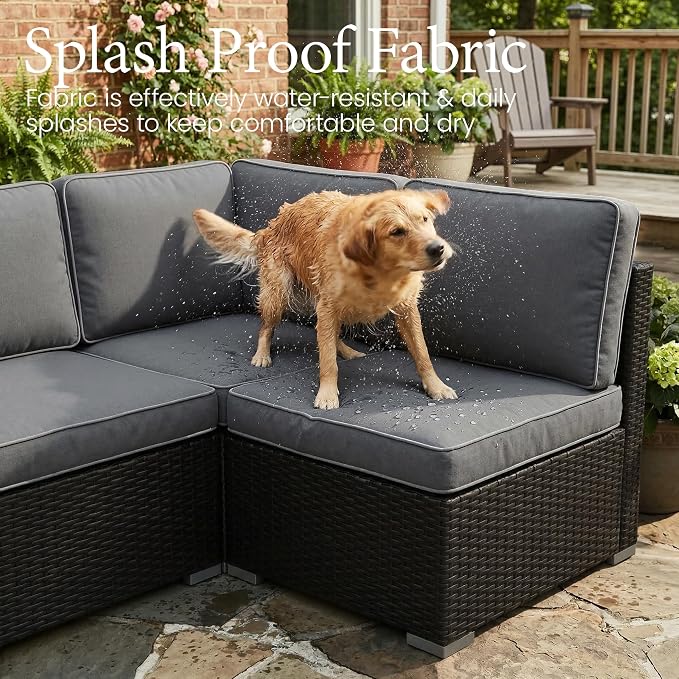 LayinSun 8 Piece Patio Furniture Set with 44" Propane Gas Fire Pit Table, Outdoor Sectional Conversation Set Wicker Rattan Sofa Set with Coffee Table