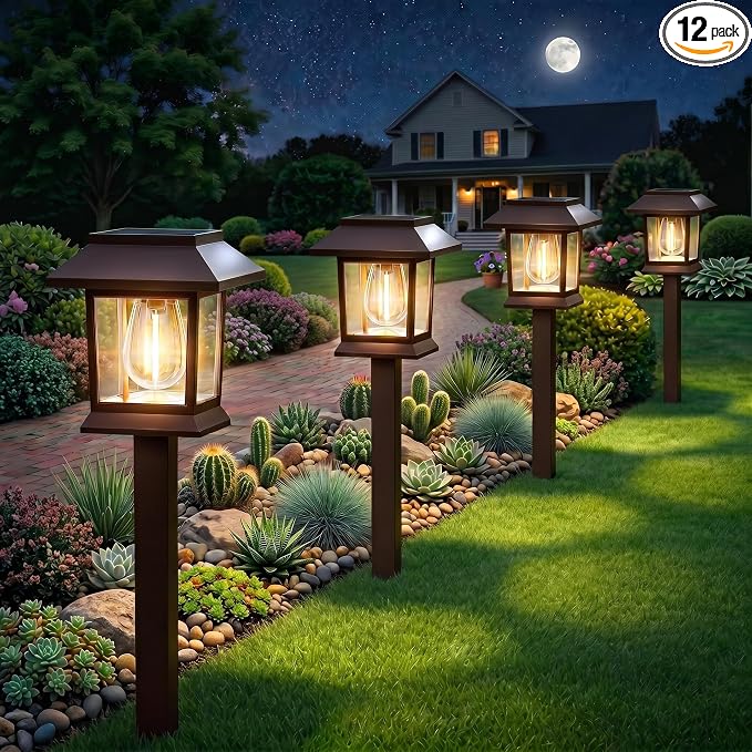 Benany Solar Outdoor Lights, 12 Pack Solar Pathway Lights Waterproof, Landscape Lighting for Path Walkway Lawn Garden Yard Outside Décor, Brown