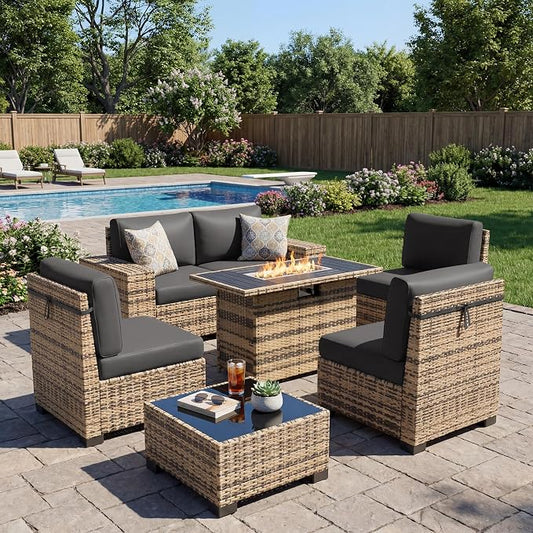 UDPATIO Patio Furniture Set with Fire Pit Table, 8 Inch Armrest Outdoor Sectional Sofas, 8 Piece All-Weather Wicker Conversation for Garden, Backyard