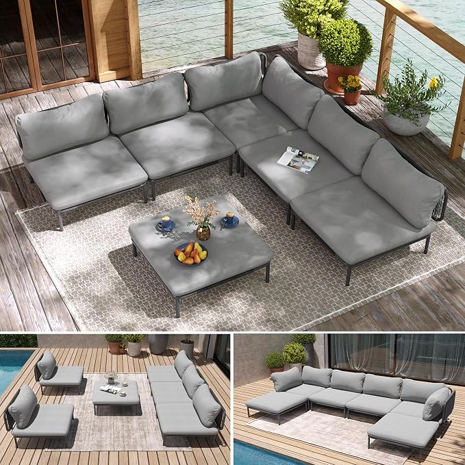 Ourdoor Furniture Set, Patio Furniture Oversized Metal Single Sofa, 6-seat Conversation Set with Cushion for Indoor and Outdoor, Black Frame and Dark Grey Mat (6 Seats 6 Armrests)