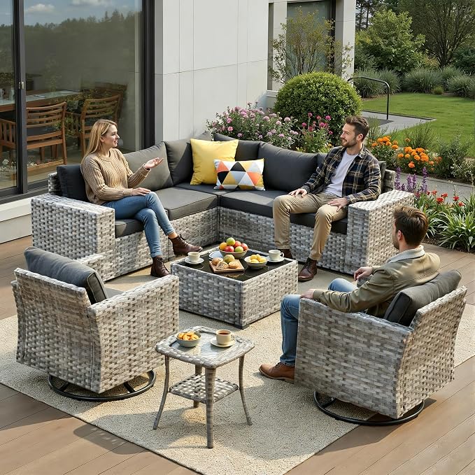 9 Pieces Patio Furniture Set, Wicker Outdoor Sectional Sofa with Swivel Chair Comfy Cushions, Modern Modular Deep Seat Rattan Couch Conversation Set for Backyard Porch Yard,Black