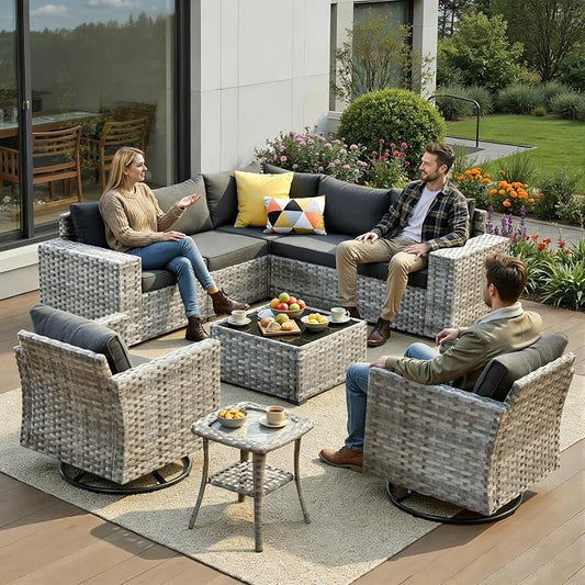 9 Pieces Patio Furniture Set, Wicker Outdoor Sectional Sofa with Swivel Chair Comfy Cushions, Modern Modular Deep Seat Rattan Couch Conversation Set for Backyard Porch Yard,Black