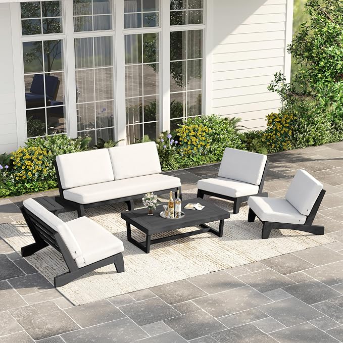 6 Piece Teak Outdoor Patio Frutnire Set, 7 Seater Patio Conversation Sets with Thick Cushions, Outdoor Sectional Furniture with Coffee Table - Beige