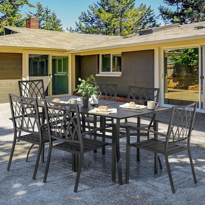 NUU GARDEN 7 Piece Outdoor Patio Dining Set, 6 Stackable Metal Patio Chairs and 61" x 37" Rectangular Patio Dining Table with 1.77" Umbrella Hole for Backyard, Patio, Garden, Black
