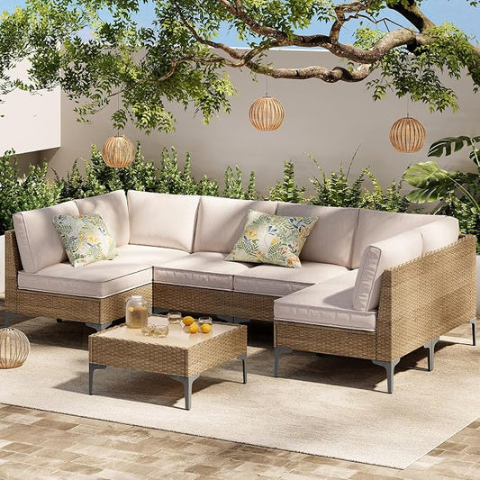 7-Piece Patio Furniture Set, Outdoor Wicker Sectional Sofa with Coffee Table, Anti-Slip & Thick All-Weather Cushions for Party,Garden,Backyard, Beige