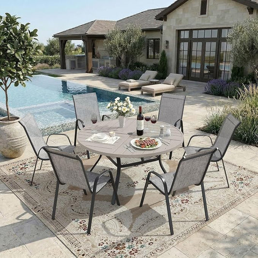 DIFY 7 Piece Outdoor Dining Set, 48" Grey Wood-Like Round Metal Dining Table and Grey Textilene Stackable Patio Chairs, Patio Table and Chairs Set for 6 with Umbrella Hole for Backyard Garden Deck