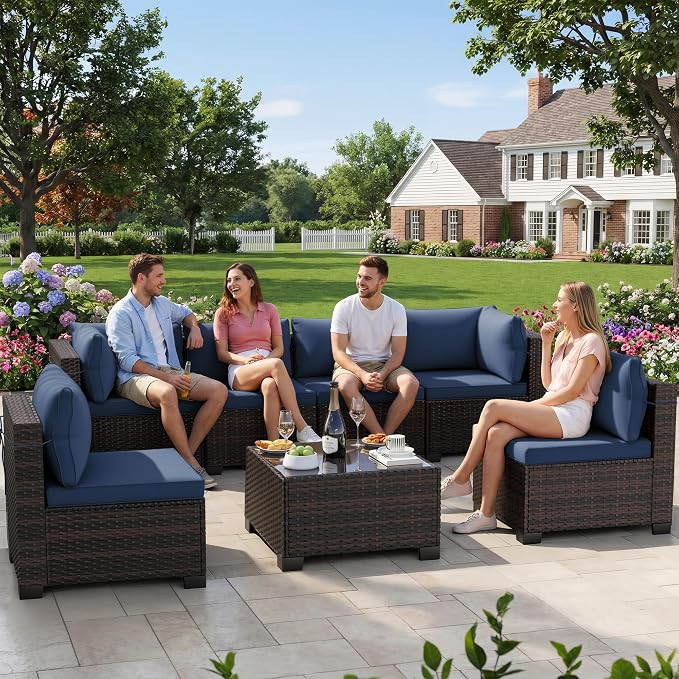 LEVELEVE 7-Piece Outdoor Patio Furniture Sets, Manual Weaving Rattan Conversation Sectional Sofa with Tempered Glass Coffee Table, All-Weather PE Wicker & Thick Cushions for Garden, Backyard, Porch