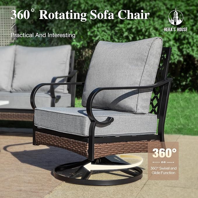 HERA'S HOUSE 6 Pieces Metal Patio Furniture Set, All Weather Outdoor Conversation Set with 3-Seat Sofa, 2 Swivel Chairs, 2 Fixed Chairs & Coffee Table, 7 Seats for Backyard, Garden, Deck, Grey