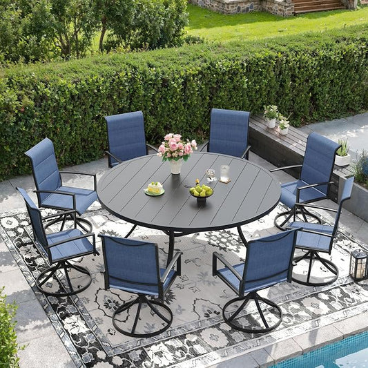 DIFY 9 Piece Outdoor Patio Dining Set for 8, 60" Black Round Metal Dining Table and Swivel Patio Chairs with Blue Padded Textilene, All-Weather Outdoor Furniture Set for Garden Backyard Porch