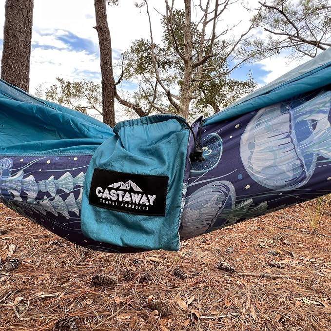 Castaway Travel Hammocks Double Jellyfish Camping Hammock with 2 Tree Straps, Triple Stitched Durable Nylon Material, Compact Design for Backpacking, Travel, Beach, Backyard, Patio, Hiking