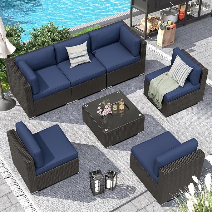 8 Pieces Outdoor Patio Furniture Set with Waterproof Cover, Black Brown Wicker Patio Sectional Sofa Set, Outdoor Couch with Cushion and Tempered Glass Table, Dark Blue