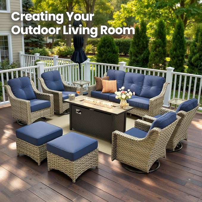 10 Piece Patio Furniture Set with Fire Pit Table, Outdoor Wicker High Back Sofa and Swivel Rocker Chairs Set of 4 with Ottoman, Large Conversation Sets for Backyard Deck Garden, Navy Blue