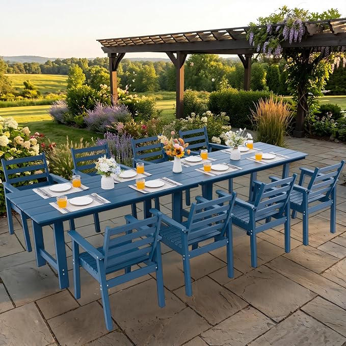 10-Piece Outdoor Dining Set, All-Weather HDPE Patio Furniture, Two 66.5" Slatted Table with 1.6" Umbrella Hole & 8 Ergonomic Armchairs, Heavy Duty 350lbs Capacity, UV Resistant, Blue