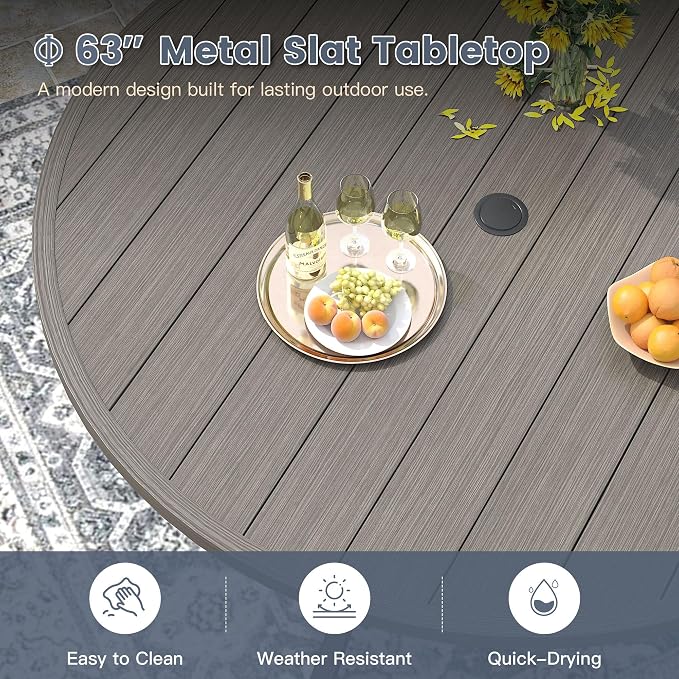 VICLLAX 63" Outdoor Patio Dining Table for 8-10, Metal Round Table with Umbrella Hole for Deck Lawn Garden Backyard, Grey