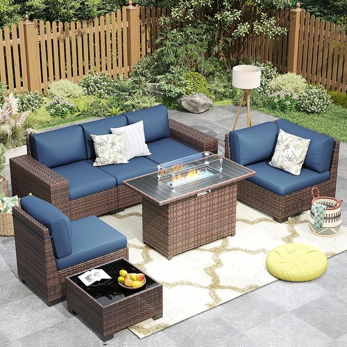 Patio Furniture with Fire Pit Table,8‘’ Wide armrest Outdoor Sectional Rattan Sofa Set, Wicker Patio Furniture Sets w/Coffee Table,Thick Cushions and Cover for Porch, Balcony,7PC(Brown&Navy)