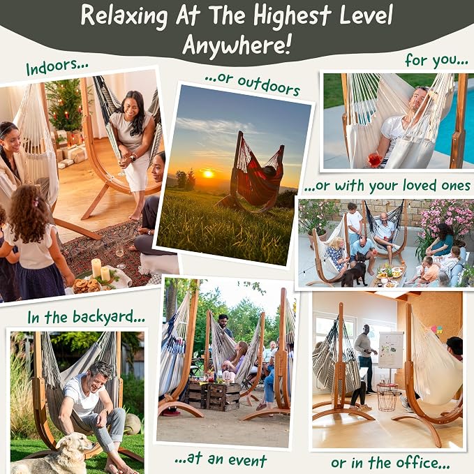 LA SIESTA Udine Outdoor Hammock Chair Set with freestanding Wooden Stand, Double-Size Weather-Resistant Hammock Chair with FSC-Certified Eucalyptus Wood Stand - Sea Salt
