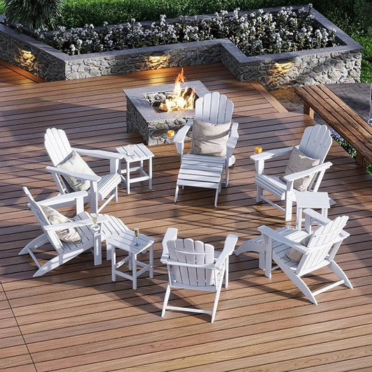 Costaelm Lakeview 12-Piece HDPE Outdoor Patio Furniture Adirondack Chair Conversation Table Set, White