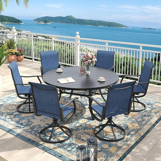 Outdoor Dining Set for 6, 50" Metal Round Outdoor Dining Table with Umbrella Hole and Sling Patio Swivel Chairs, 7 Pieces Patio Table and Chairs Set for Garden Backyard, Dark Blue and Black