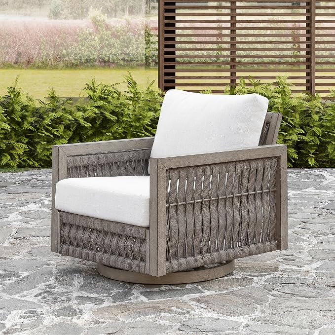 Patio Swivel Chair, Rope Weave Outdoor Chair with Widened Armrests & Thick Cushions, All-Weather Aluminum Deep Seating Chair, Never Rust Patio Chair for Garden, Porch, Deck, Gray Oak | Aluminum Frame