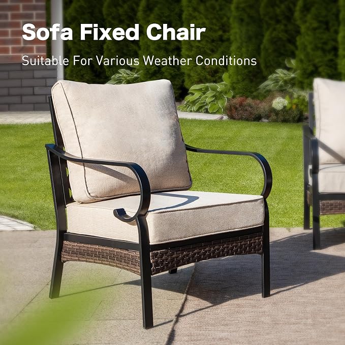 SUNSHINE VALLEY 5 Piece Metal Outdoor Patio Furniture Set, Patio Conversation Sets 1 3-Seater Sofa, 2-Seater Sofa, 2 Fixed Sofa with 5.75" Thick Cushion & Coffee Table Black Backyard Furniture, Beige