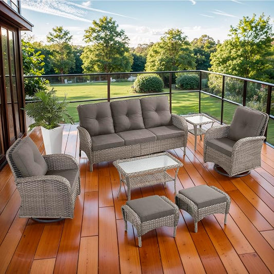7 Piece Patio Furniture Set - Wicker Patio Conversation Set with Swivel Glider, 3 Seat Sofa, 2 Ottomans, Glass Side Table and Coffee Table for Deck Backyard - Grey Wicker Grey Cushion