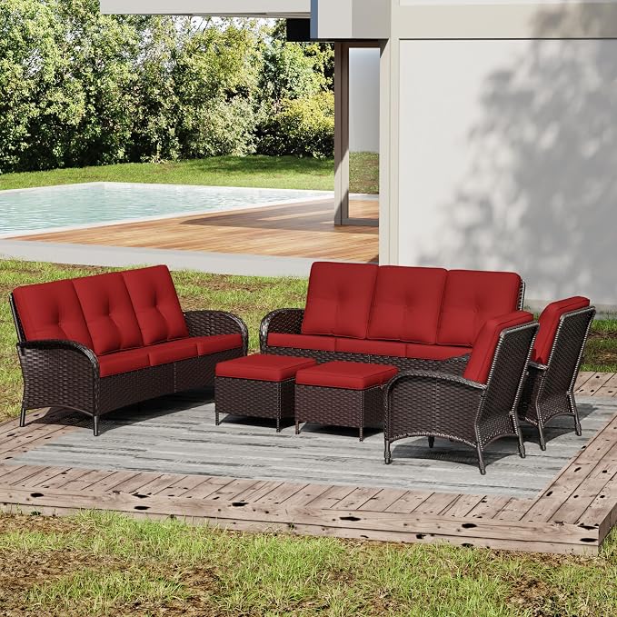 Joyside Wicker Patio Furniture Set, 6 Piece Outdoor Furniture Set with Thickened Cushions, High Back, Deep Seating, Wide Armrest, Rattan Outdoor Chairs for Porch, Deck