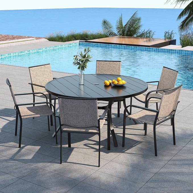 Anmutig Outdoor 54" Round Patio Table and Chairs Dining Set for 6 Person, Stackable Chairs with Beige Textilene, Armrest