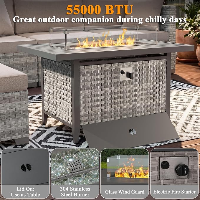 7 Piece Wicker Patio Furniture Set with 55,000 BTU Fire Pit Table, Swivel Rocking Chairs, 4''Cushions, PE Rattan, Wind Guard Glass, for Backyard, Deck or Balcony, Beige