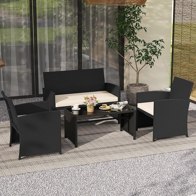 Tangkula 4 Pieces Patio Wicker Furniture Set, Outdoor Heavy Duty Rattan Cushioned Chairs, Loveseat and Tempered Glass Coffee Table, for Backyard, Balcony, Poolside (1, Off White)