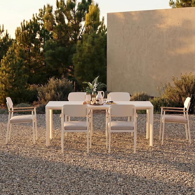Modern Shade Luxury Outdoor Dining Set for 7, Outdoor Table and Chairs Set with Fade Resistant Cushions & FSC Teak, Premium Aluminum Patio Table and Chairs Set for Elegant Outdoor Living, White