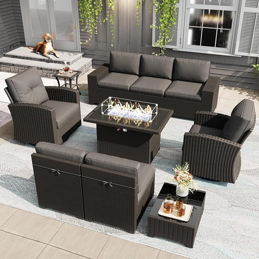 LayinSun 10 Pieces Patio Furniture Set with Fire Pit Table, Black Rattan Modular Sectional Outdoor Conversation Sofa Set, Swivel Rocking Chairs Set