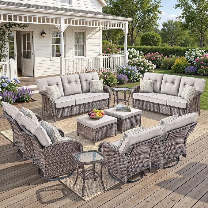 10 PCS Patio Furniture Set Outdoor Sectional Sofa Couch with Rocking Swivel Chairs 5" Deep Seat Chairs, Modern Wicker Rattan Conversation Set, Beige/Brown Wicker