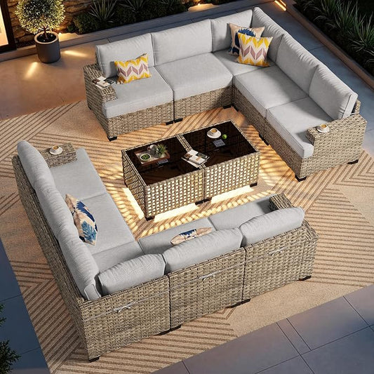 CAODOC Patio Furniture Sets 12 Pieces Outdoor Sectional Rattan Sofa Manual Weaving Wicker Patio Conversation Set with Ottomans and T Cushion(Grey)