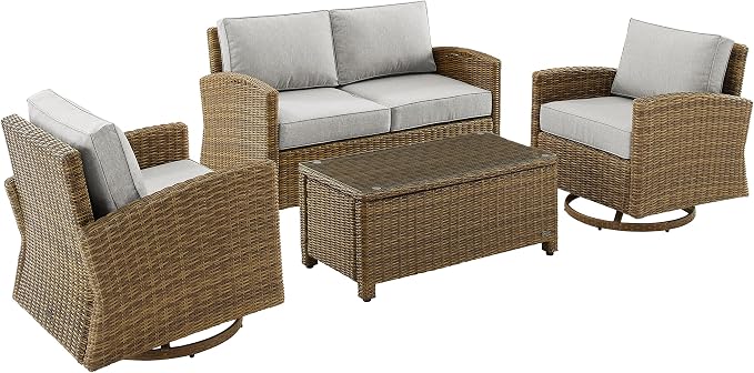 Crosley Furniture Bradenton 4-Piece Wicker Outdoor Loveseat and Swivel Rocker Patio Furniture Set for Porch, Brown with Gray Cushions