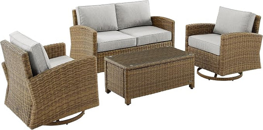 Crosley Furniture Bradenton 4-Piece Wicker Outdoor Loveseat and Swivel Rocker Patio Furniture Set for Porch, Brown with Gray Cushions